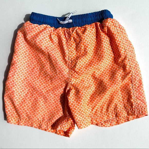 Mini Boden orange pattern swim trunks with blue waistband size 5-6Y - Picture 3 of 5
